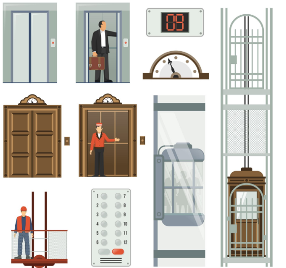 Illustration of various elevators including modern, vintage, glass, service lifts, and elevator controls.