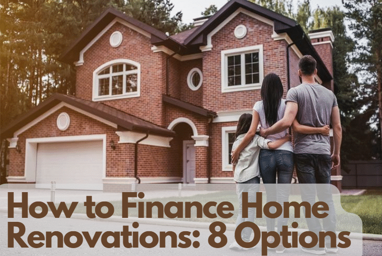 Person holding renovation plans and a calculator in front of a house under construction, representing home renovation financing.