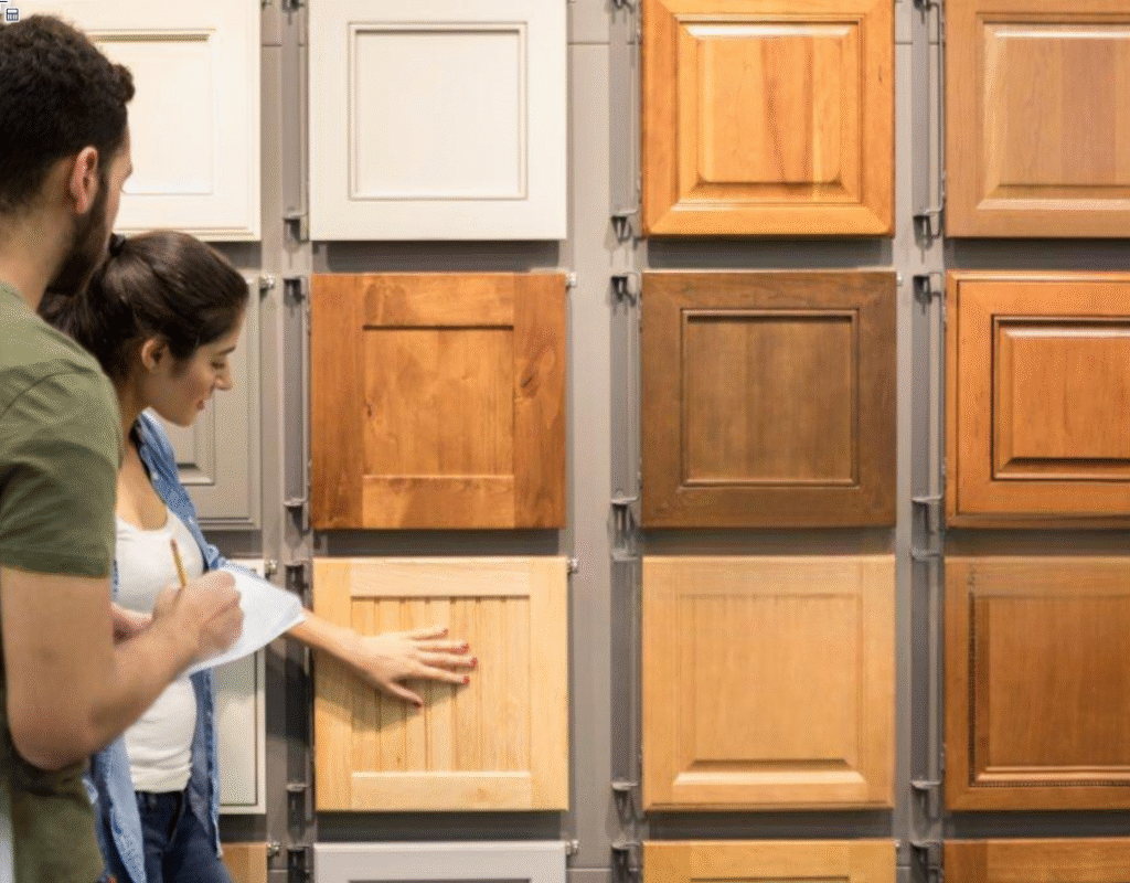 Different kitchen cabinet materials including solid wood, plywood, MDF, and particle board displayed side by side