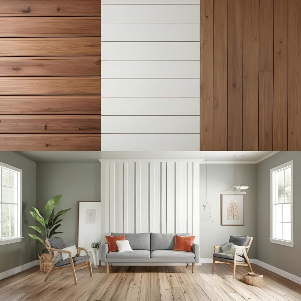Comparison of tongue and groove, shiplap, and drywall wall finishes.