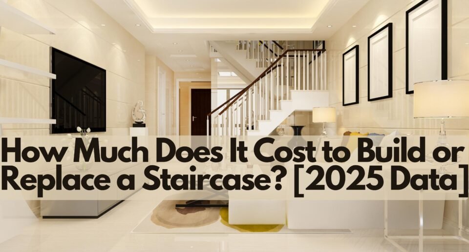 Modern wooden staircase with metal railings in a bright home interior.