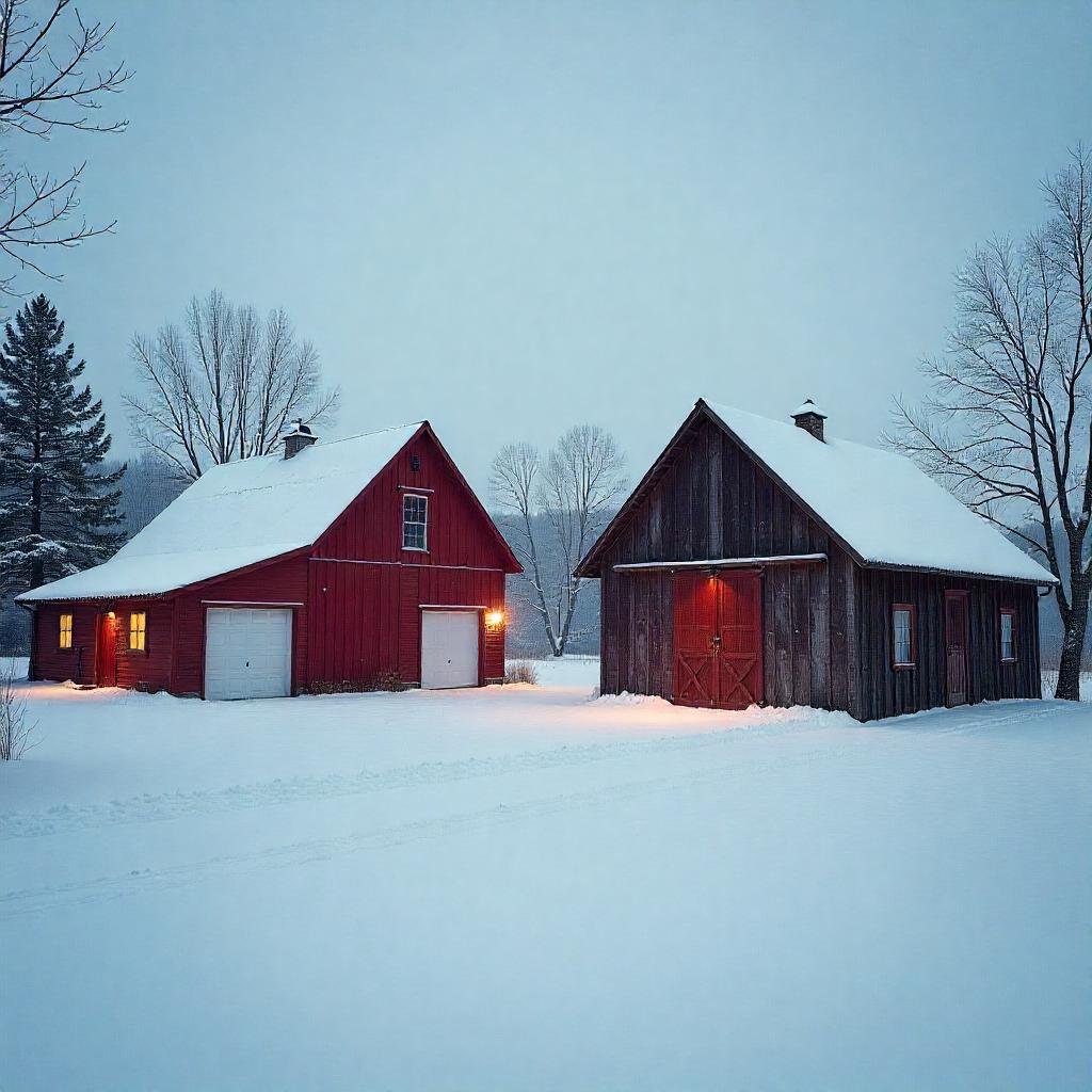 Two garages—one red with an attached garage and the other dark brown and detached—sit side by side in a snowy rural landscape during dusk.(Curious about garage demolition cost in 2025? This guide breaks down average prices, key factors, and tips to help you plan and budget your garage removal project. ("garage demolition cost" )