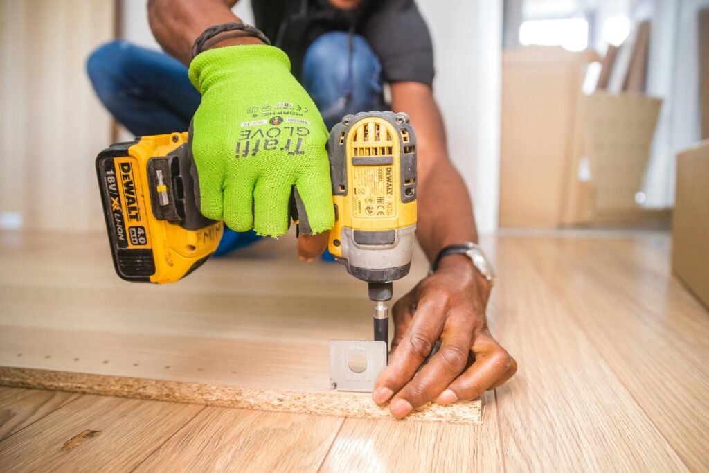 A split-screen image showing a homeowner doing a DIY project on one side and a professional contractor working on the other.