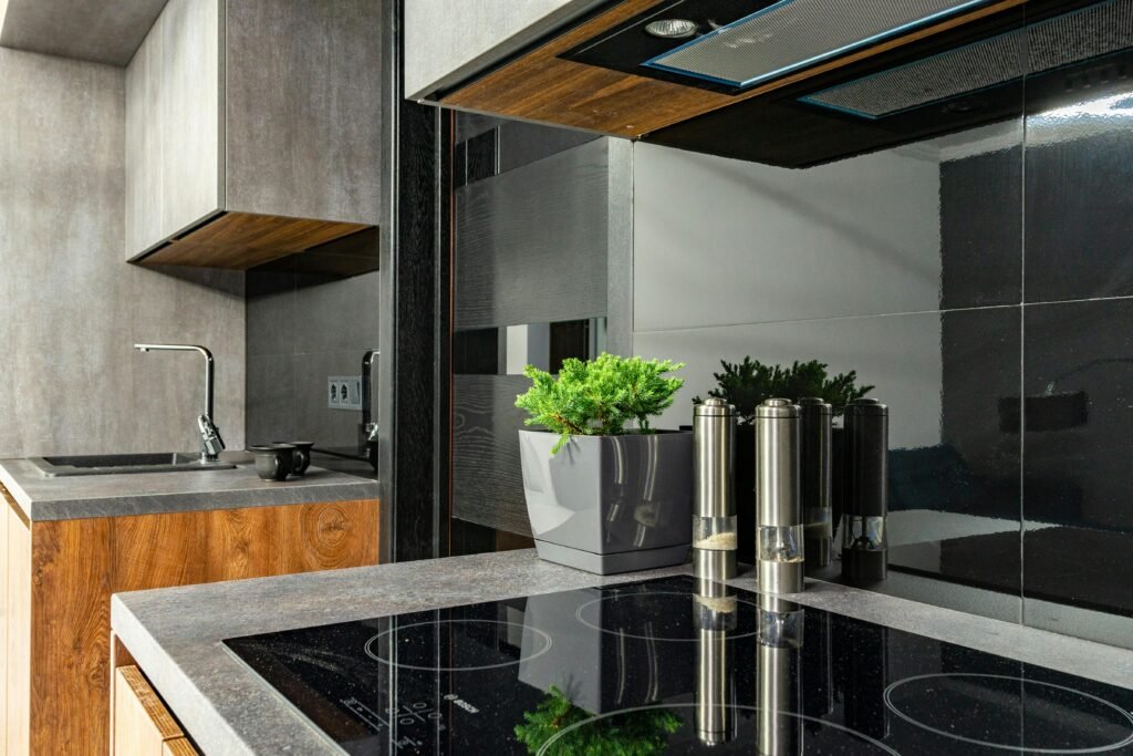 Mitered edge countertop on a kitchen island with seamless waterfall design